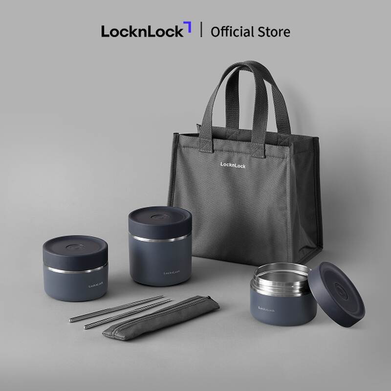 Bộ Hộp Cơm Giữ Nhiệt Locknlock Pump Vacuum Lunch Box (300Mlx2, 500Mlx1, Bộ Đũa V&agrave; Th&igrave;a, T&uacute;i) - 2 M&agrave;u (Be, Navy xanh nhạt) -  LHC8052S02 image number null